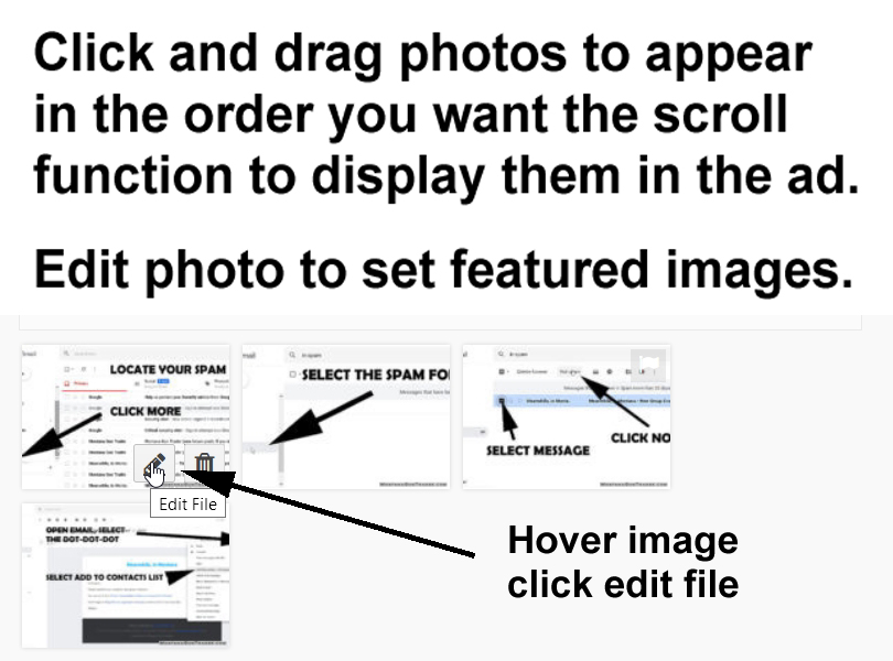How do I edit my ad photo order and set my featured or thumbnail image?