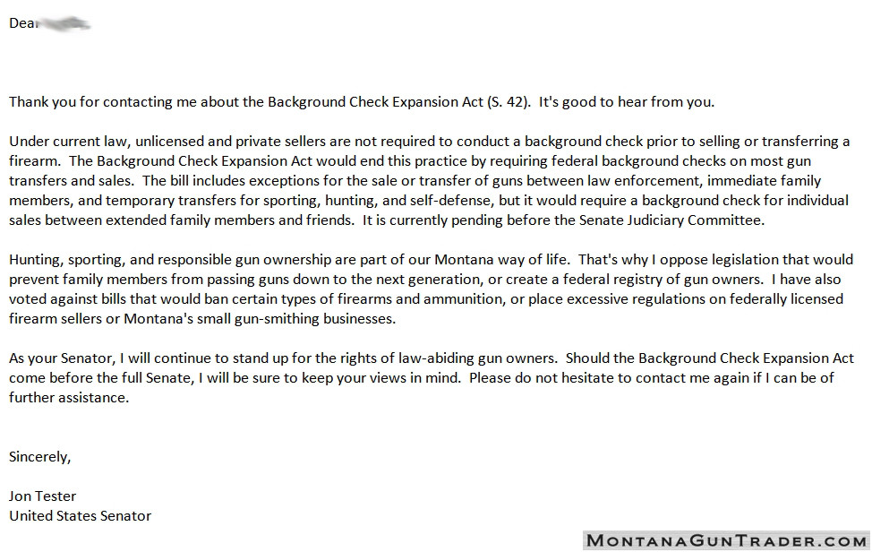 Jon Tester’s response to asking him to oppose UN-enforceable Background Check Expansion Act (S. 42).