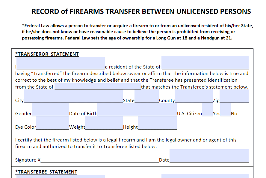 Get a free fillable, downloadable and printable gun bill of TRANSFER for unlicensed persons here